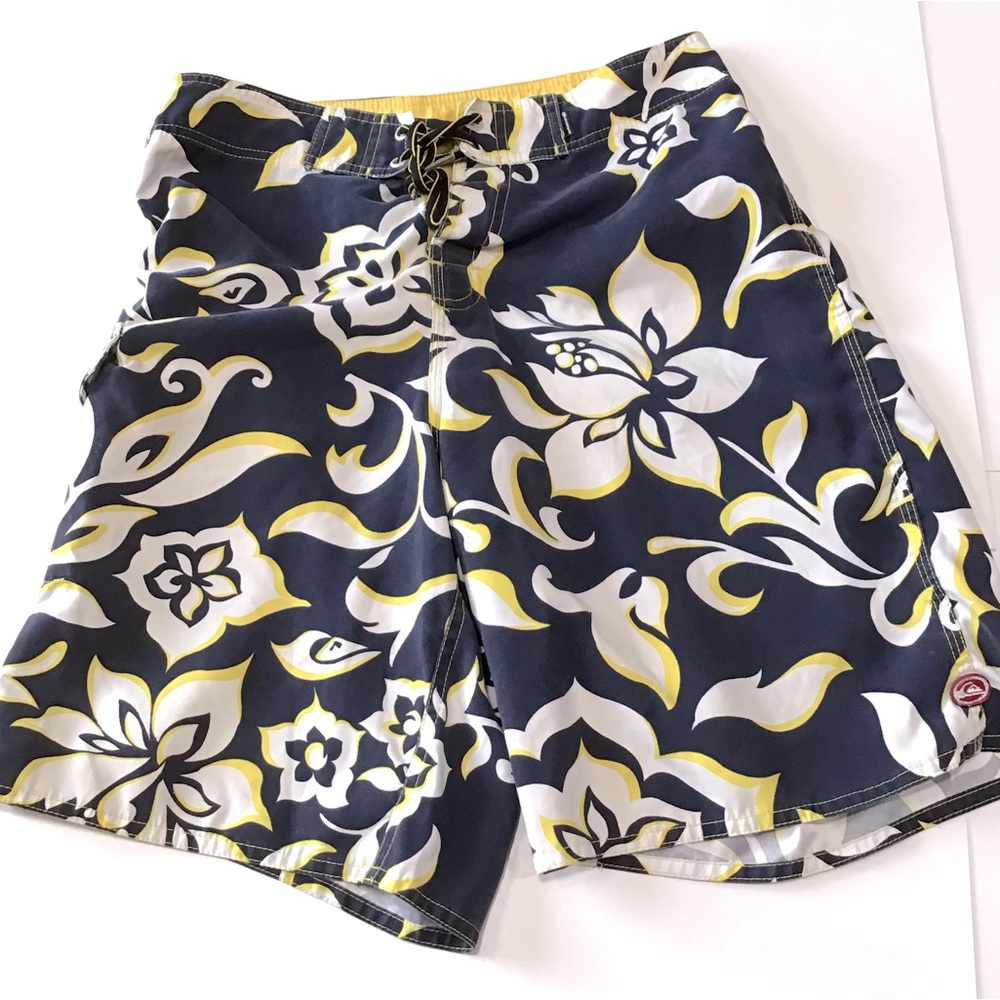 Quiksilver Board Shorts Mens Sz 30 Blue Yellow Hawaiian Floral Swim Trunks